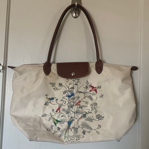 Longchamp Le Pliage white birds tree of life limited edition